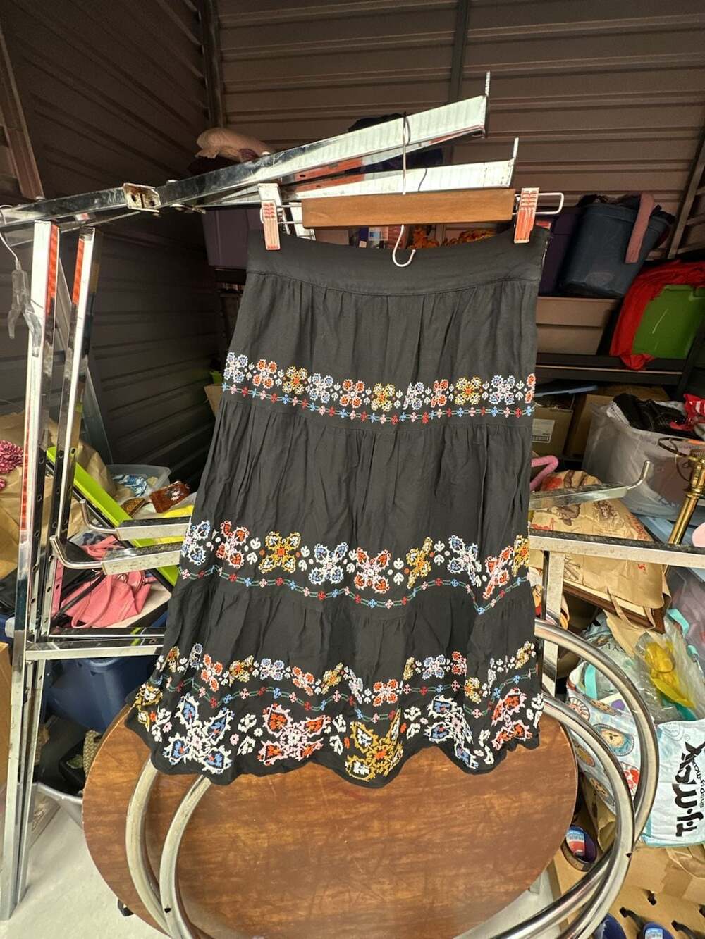 Boden black tiered midi skirt with multi-colored floral embroidery